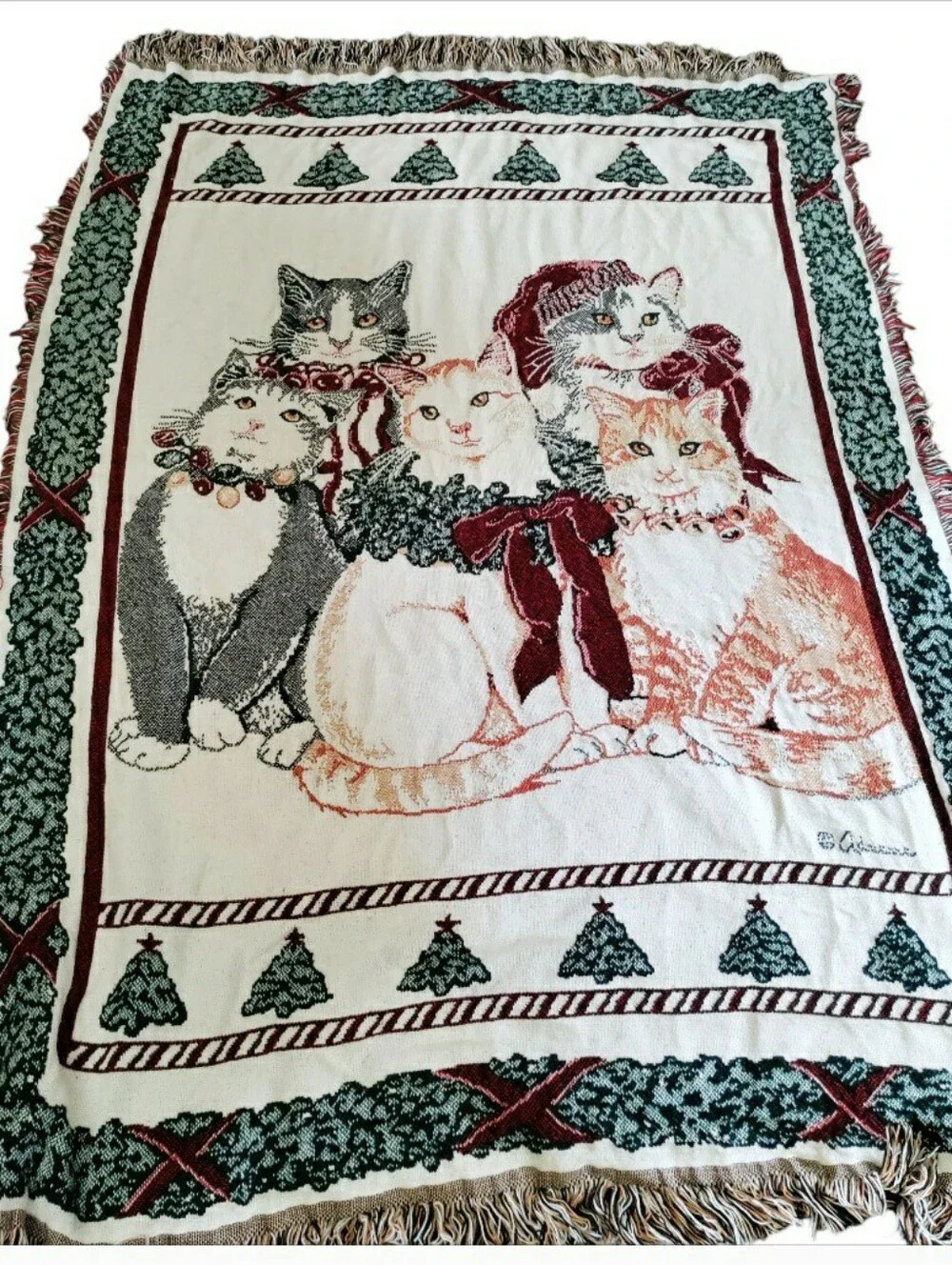 Woven Tapestry Fringe Blanket Holiday Cats 50x70 Christmas Feline Cottagecore